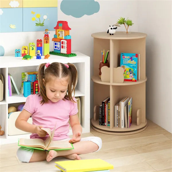2-Tier Kids Rotating Bookshelf -  Display For Books Toys, Bear Baffles Child-Friendly Height, 22 Lbs Net Weight