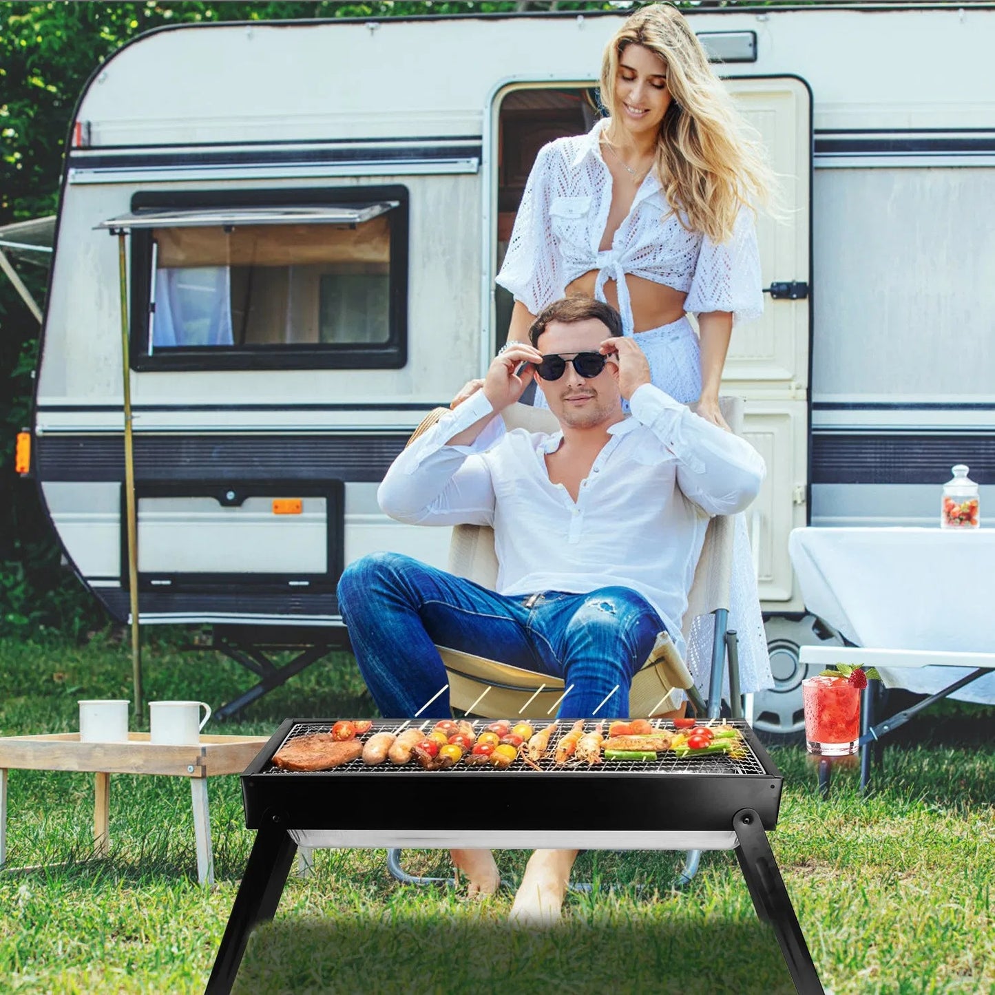 Foldable Charcoal BBQ Grill Stainless Steel Grill Net Easy Setup Portable Tabletop Barbecue Grill For Camping Picnic Outdoor Party