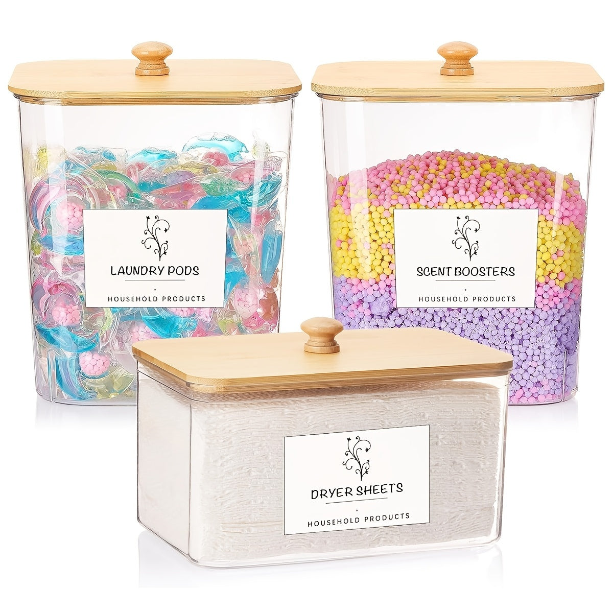 3-Pack Laundry Room Organization Storage Boxes, Clear Laundry Bead Containers And Dryer Sheet Holders Set With Lids And Labels For Detergent, Washing Powder, Dryer Balls, Laundry Beads