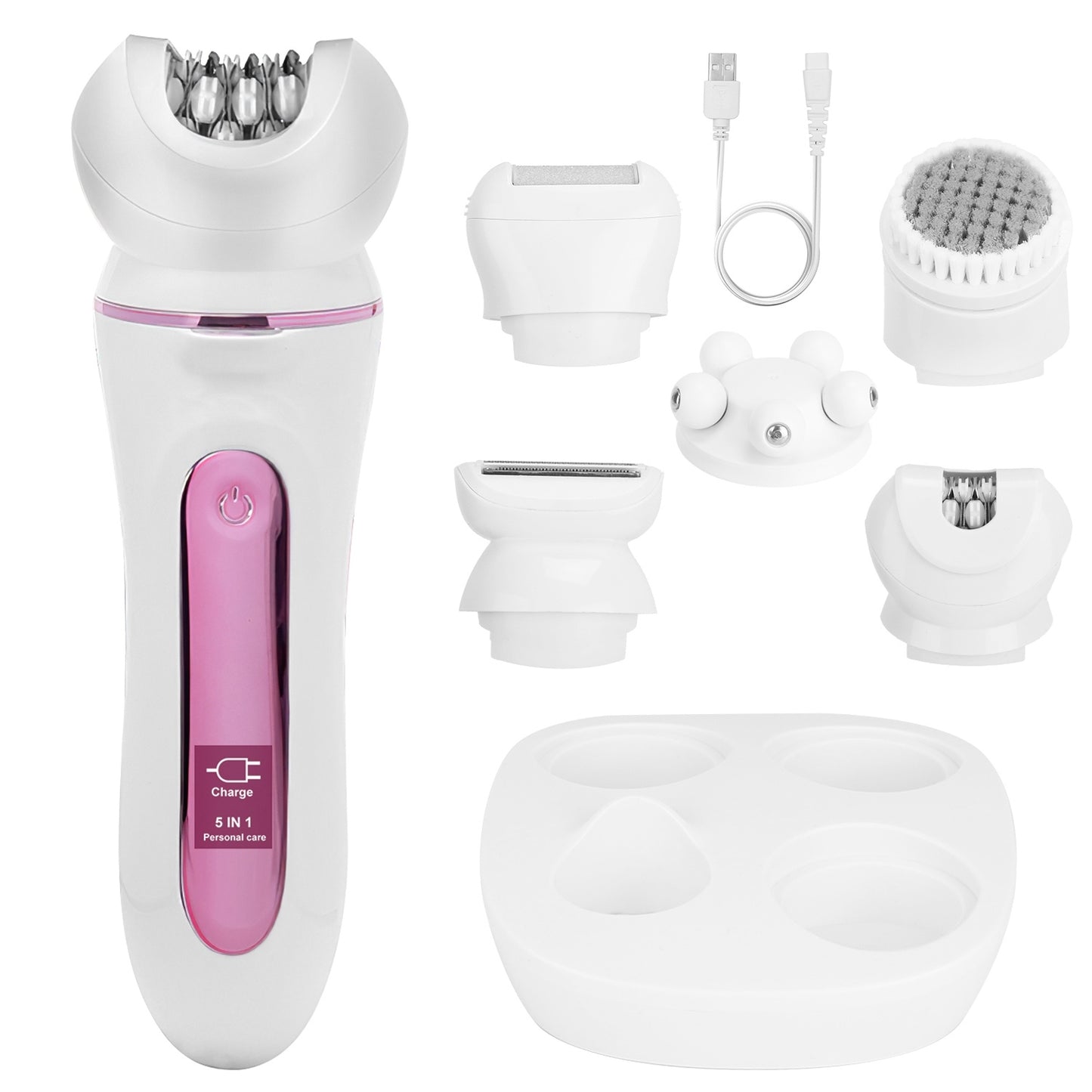 1Pc 5 In 1 Electric Body Epilator Rechargeable Women's Grooming Kit Epilator Shaver Facial Brush Callus Remover 5 Point Massager With LED Light LED Display Charging Base