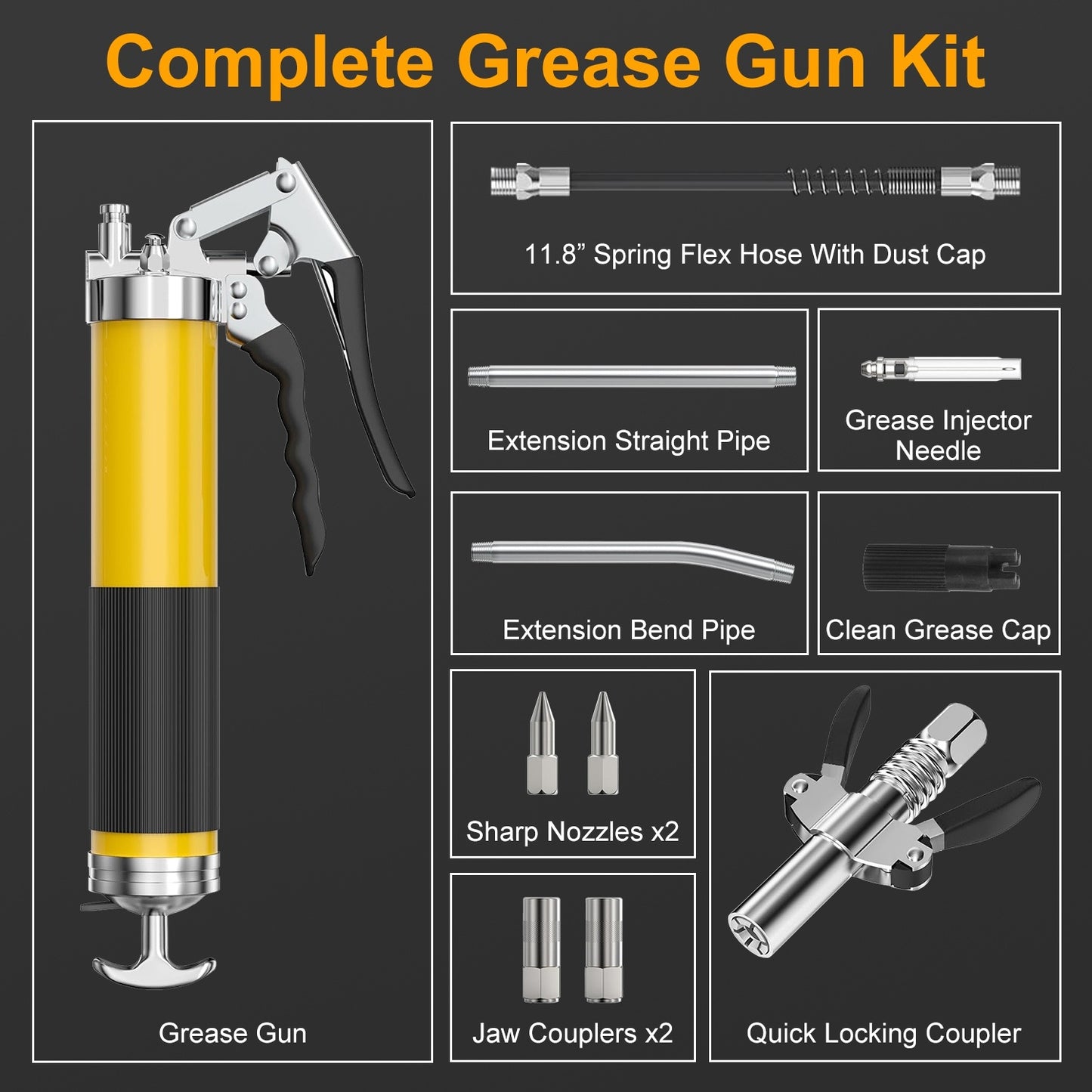 1Pc Grease Gun Kit Fit For 14 Oz Grease Tube 7000 PSI High Pressure Pistol Grip Grease Gun With Lock Coupler 11in Spring Flex Hose Jaw Couplers Sharp Nozzles