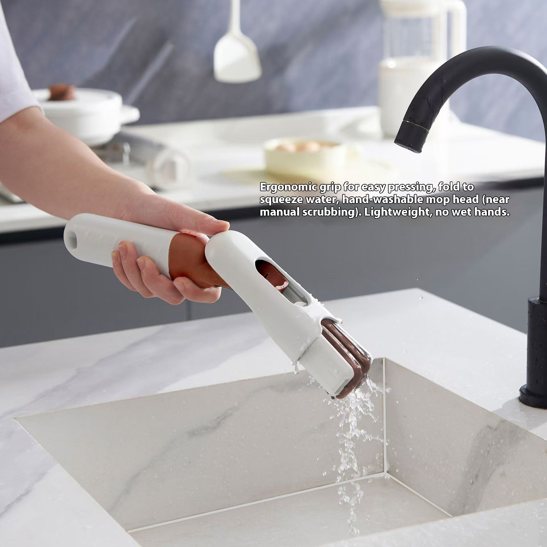 Person using a handheld cleaning tool over a sink with text describing its features.