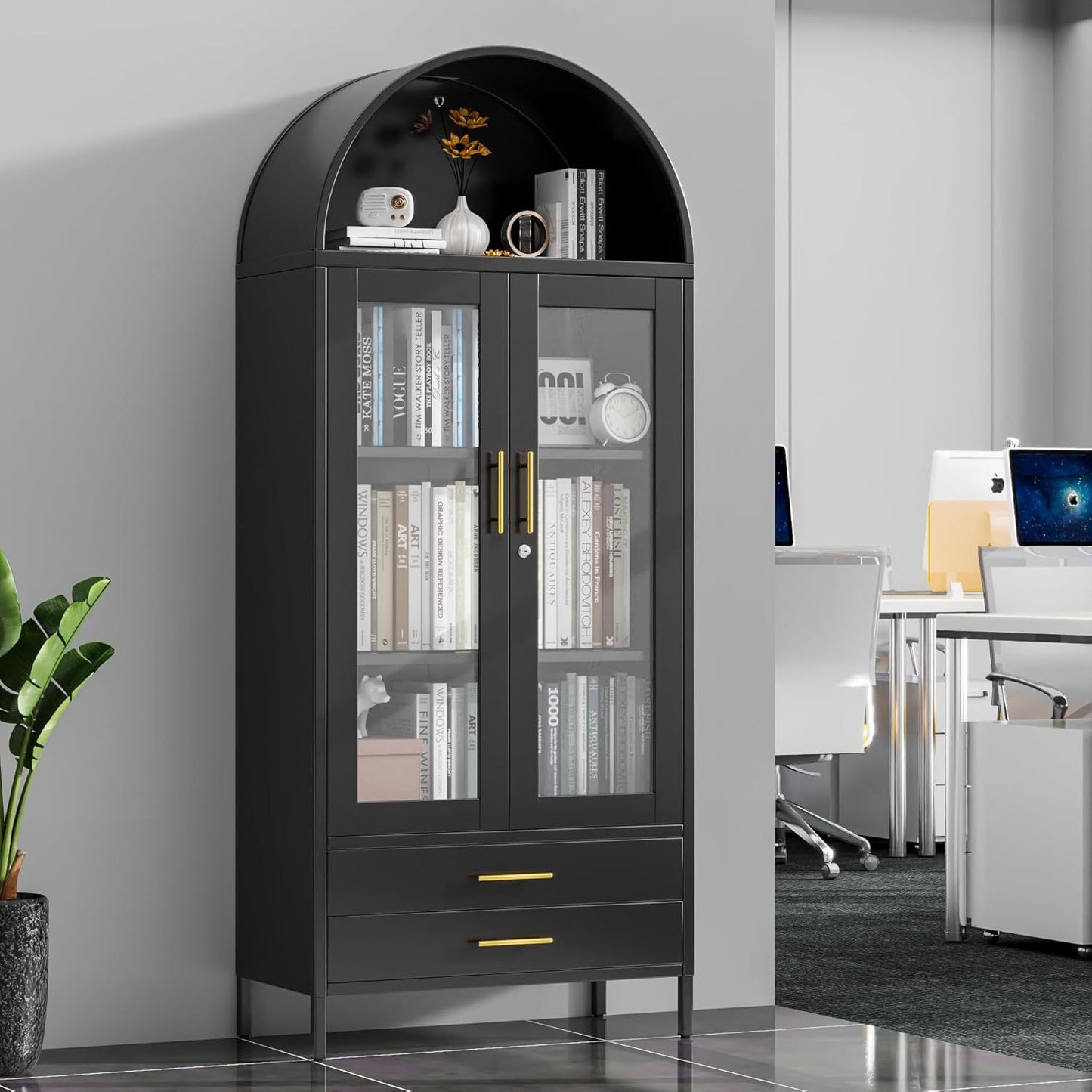 73 In Tall Metal Arched Cabinet, Kitchen Pantry Cabinet With Glass Doors, Modern Farmhouse Arched Bookcase With 2 Drawers And 2 Adjustable Shelves For Living Room, Black, Assembly Required