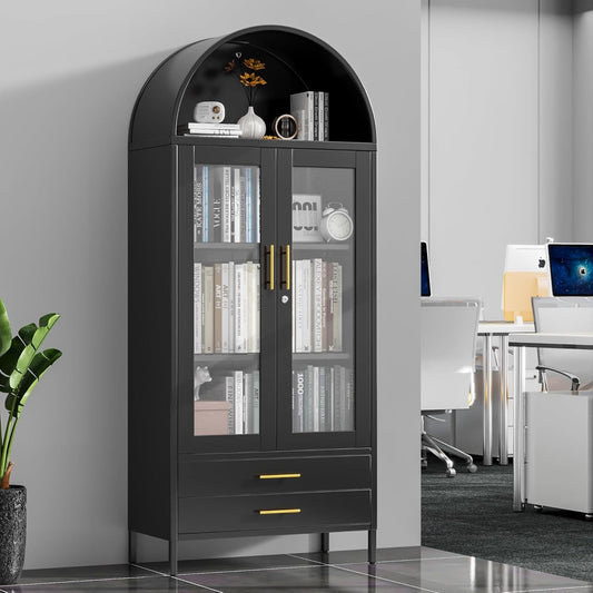73 In Tall Metal Arched Cabinet, Kitchen Pantry Cabinet With Glass Doors, Modern Farmhouse Arched Bookcase With 2 Drawers And 2 Adjustable Shelves For Living Room, Black, Assembly Required