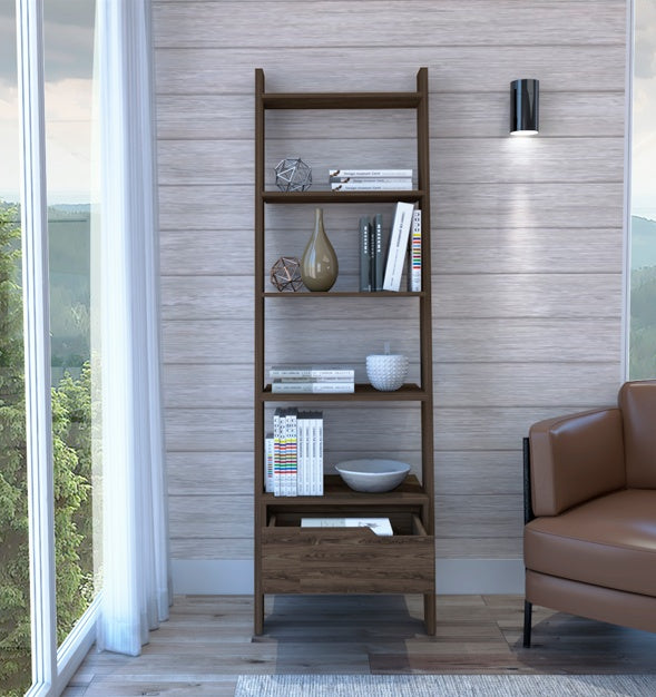 Trapezoidal Bookshelf, Four Legs, One Drawer, Five Open Shelves - Deep Walnut Wood