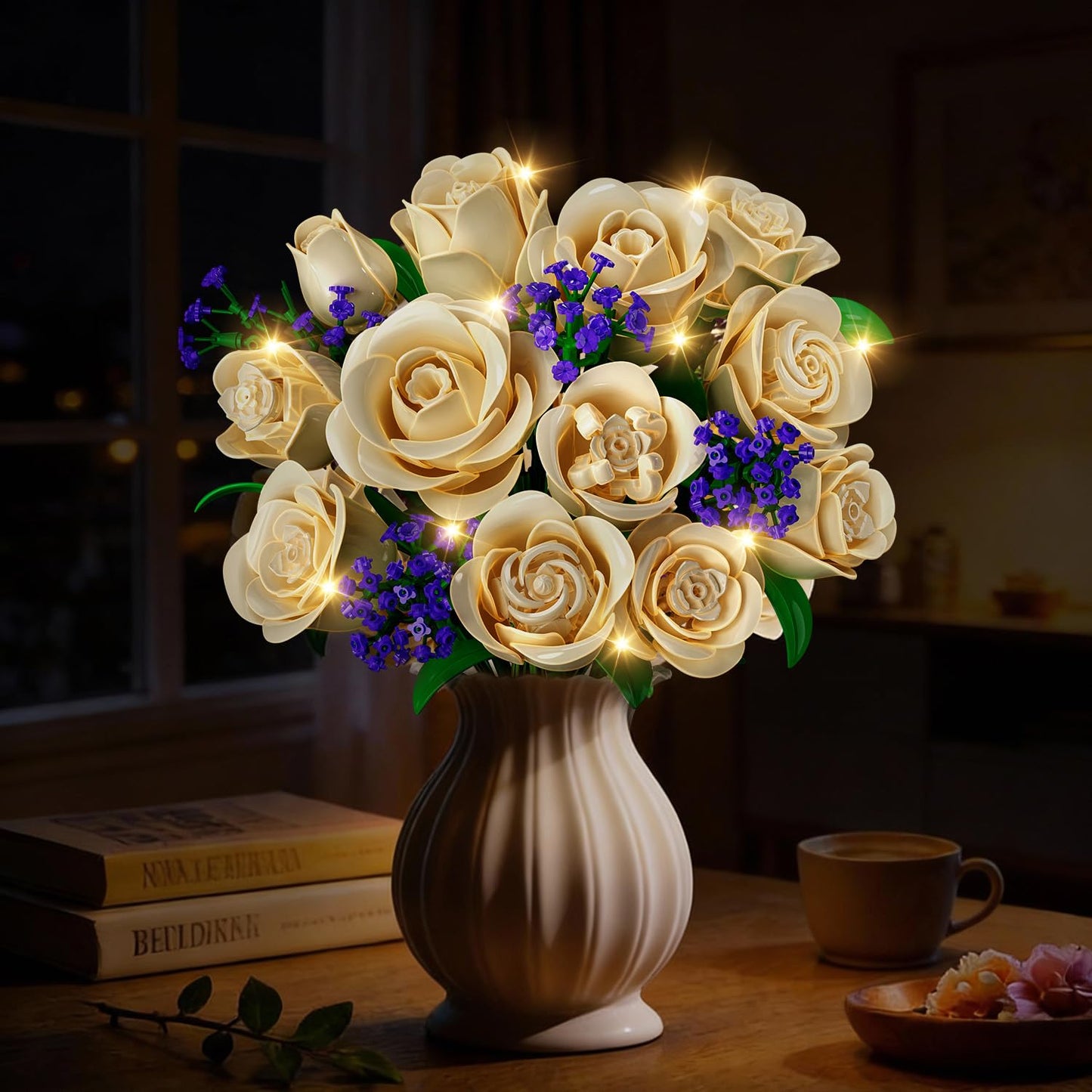 Decorative flower arrangement with lights in a vase on a table.