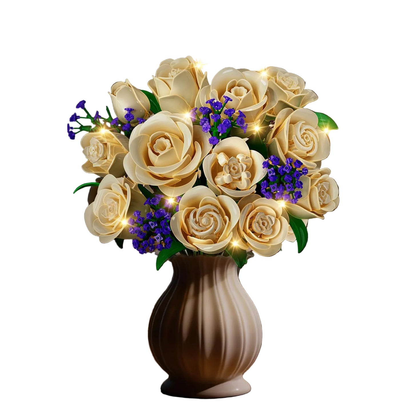 Decorative flower arrangement with lights in a vase on a table.