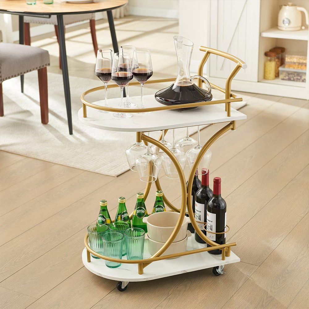 2 Tier Bar Car, Golden Wine Cart with Wine Rack & Glass Rack, Mobile Bar Service Car, Party, Home, Living Room Rolling Drink Car