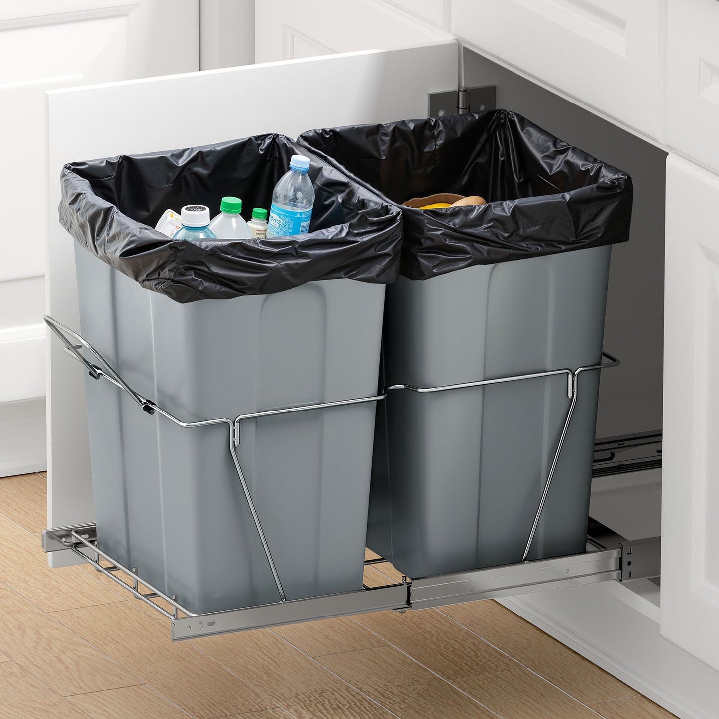Double 35QTx2 Pullout Waste Container Under Cabinet Kitchen Trash Can Soft Close