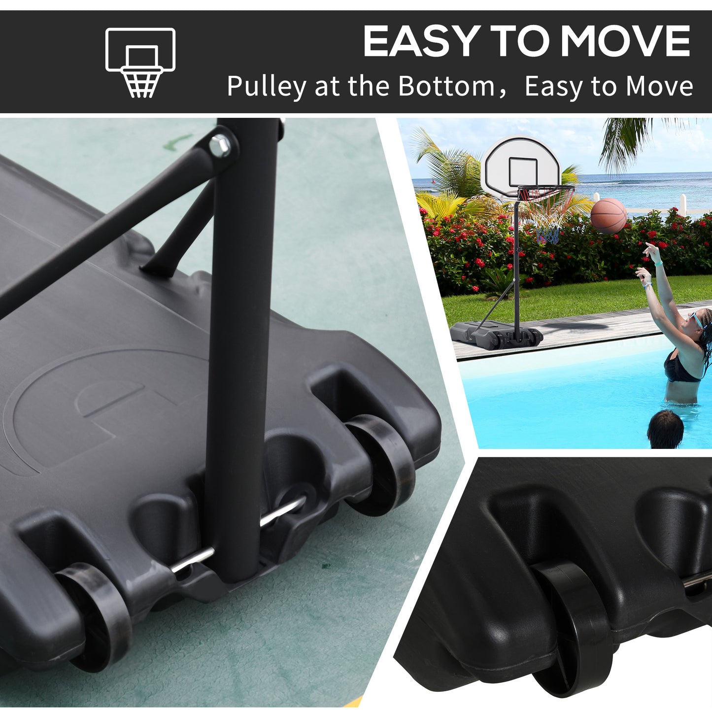 Collage of a portable basketball hoop with wheels, showing ease of movement and installation by a pool.