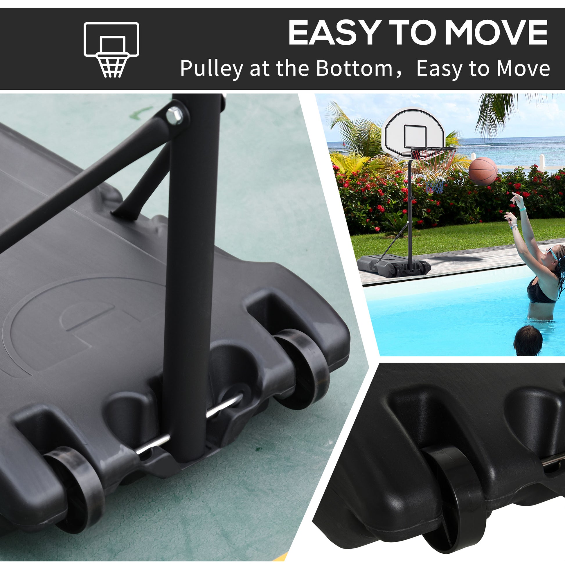 Collage of a portable basketball hoop with wheels, showing ease of movement and installation by a pool.