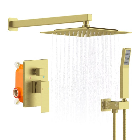 Brushed Gold Rain Shower System Shower Mixer Combo Set Wall-mounted