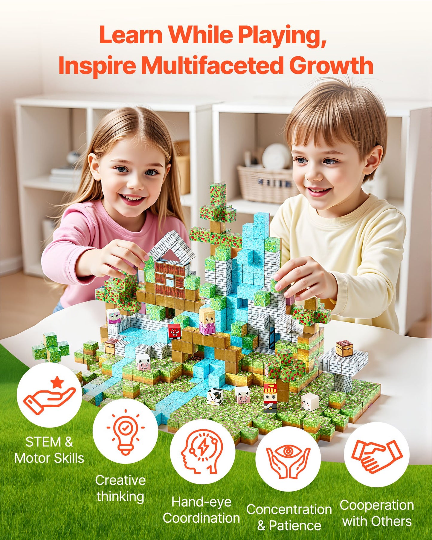 Two children playing with building blocks, surrounded by educational icons and text about learning benefits.