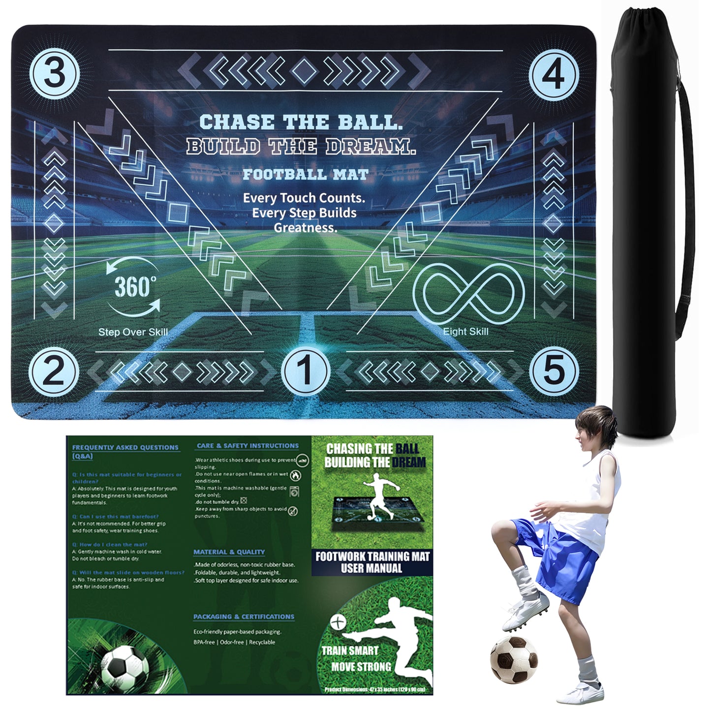 Football Training Mat For Kids & Teens - 24x36 Inch Soccer Agility Footwork Trainer With Step Over, 360 Turn & Dribbling Paths - Indoor Skills Equipment For Youth Players