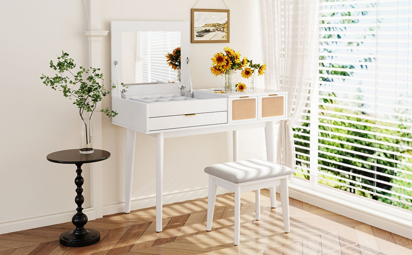 43.3 Wood Makeup Vanity Set With Flip-Top Mirror, Stool   3 Drawers