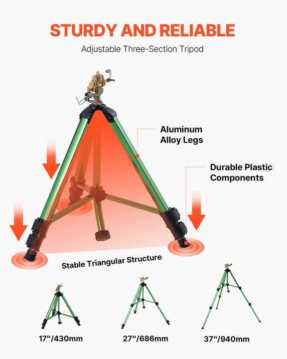 VEVOR Impact Sprinkler On Tripod Base, Heavy Duty Tripod Sprinklers With Brass Head &  Connector, 360 Degree Large Area Coverage Irrigation Sprinkler, Adjustable Heights Sprinkler For Yard Green