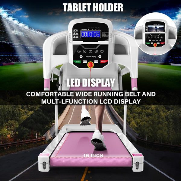 Pink Compact Folding Treadmill For Home - 2.5HP Quiet Brushless Motor, 3-Level Incline, 7.5 MPH, Shock Absorption, Space-Saving Design For Running, Walking - Treadmill For Small Spaces & Home Use