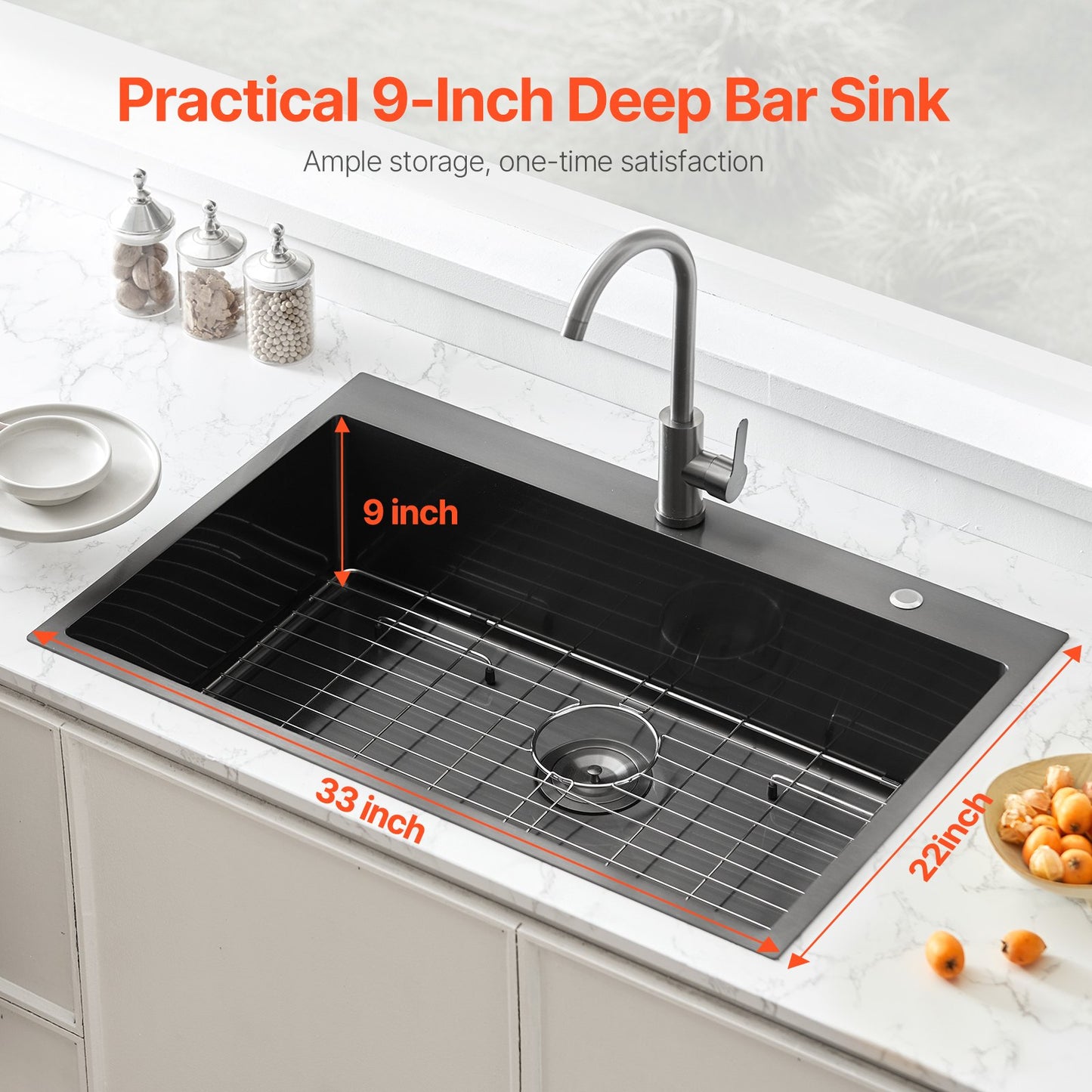 33' Kitchen Sink Top Mount Single Bowl Drop-In Basin Stainless Steel Black