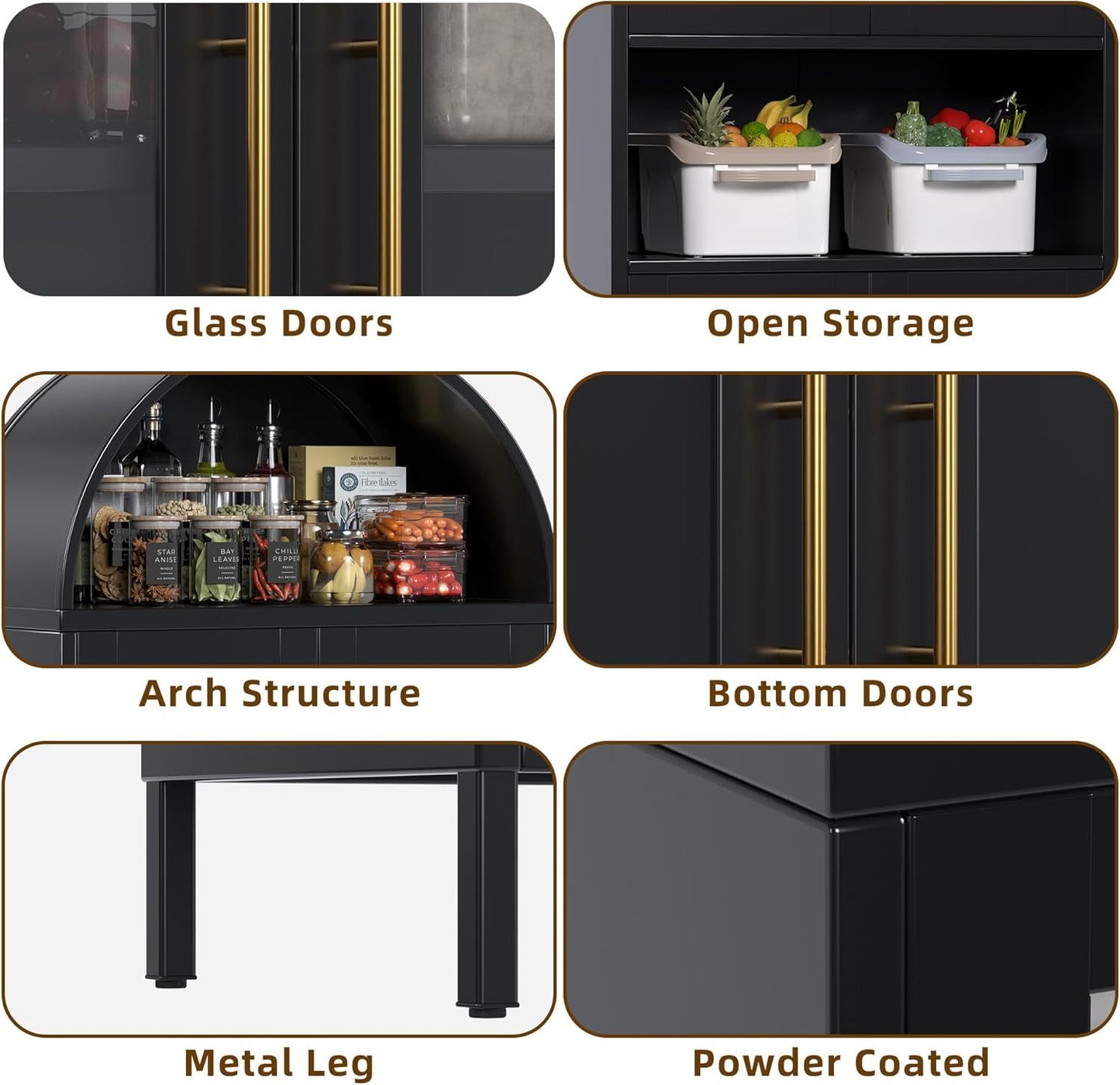 73 In Tall Metal Arched Cabinet, Kitchen Pantry Cabinet With Glass Door, Modern Farmhouse Arched Bookcase With 2 Adjustable Shelves For Living Room, Black, Assembly Required