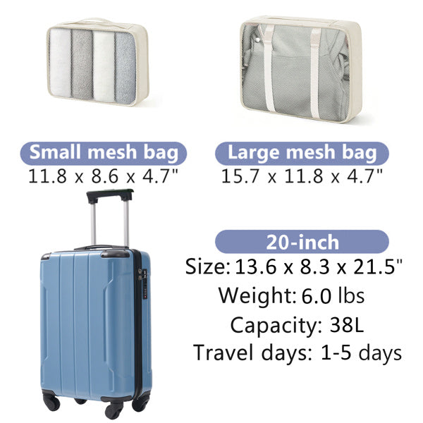 20-Inch Hardshell Carry-On Luggage, Lightweight Durable ABS Suitcase With Spinner Wheels, Built-in TSA Lock, 2 Packing Cubes, Blue-gray