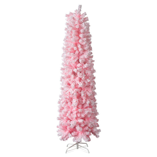 7.5 FT Snow Flocked Hinged Christmas Tree, Artificial Pencil Christmas Tree, Unlit Artificial Christmas Pine Tree With 641 Branch Tips And Sturdy Stand, Pink