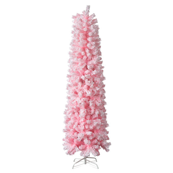 7.5 FT Snow Flocked Hinged Christmas Tree, Artificial Pencil Christmas Tree, Unlit Artificial Christmas Pine Tree With 641 Branch Tips And Sturdy Stand, Pink