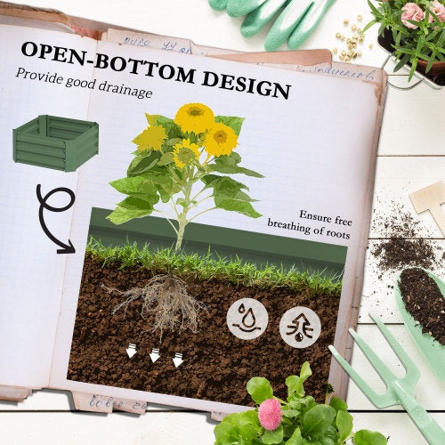 Outsunny Galvanized Raised Garden Bed, 24 X 24 X 11.75 Outdoor Planter Box With Trellis Tomato Cage And Open Bottom For Climbing Vines, Vegetables, Flowers In Backyard, Garden, Patio, Green