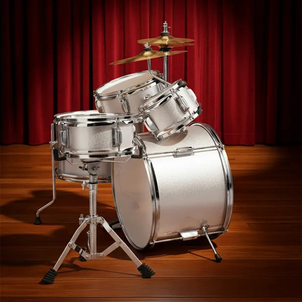 5-Pieces Junior Kids Drum Set Kit Pedal Drum Stick Wrench Drum Stool Silver