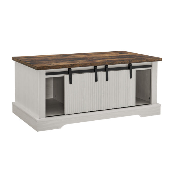 41.3 Inch Coffee Table With Storage And Sliding Wood Door, Farmhouse And Industrial Cocktail Table With Adjustable Shelves, Rectangular Rustic Living Room Table For Living Room Meeting Room