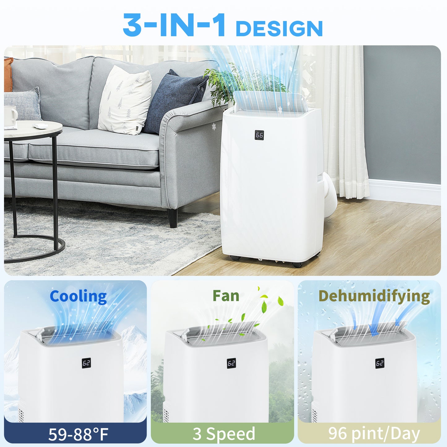 12000 BTU Portable Air Conditioner, AC Unit With Cool, Dehumidifier, Fan, 550 Sq. Ft, 24H Timer On Off, Window Kit