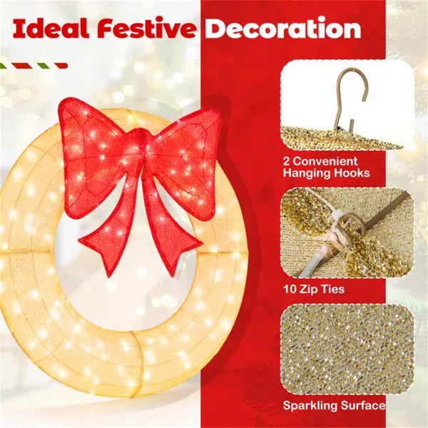 Pre-Lit Christmas Wreath - 200 LED Lights Warm White Red, Large Bow IP44 Weatherproof For Indoor Outdoor