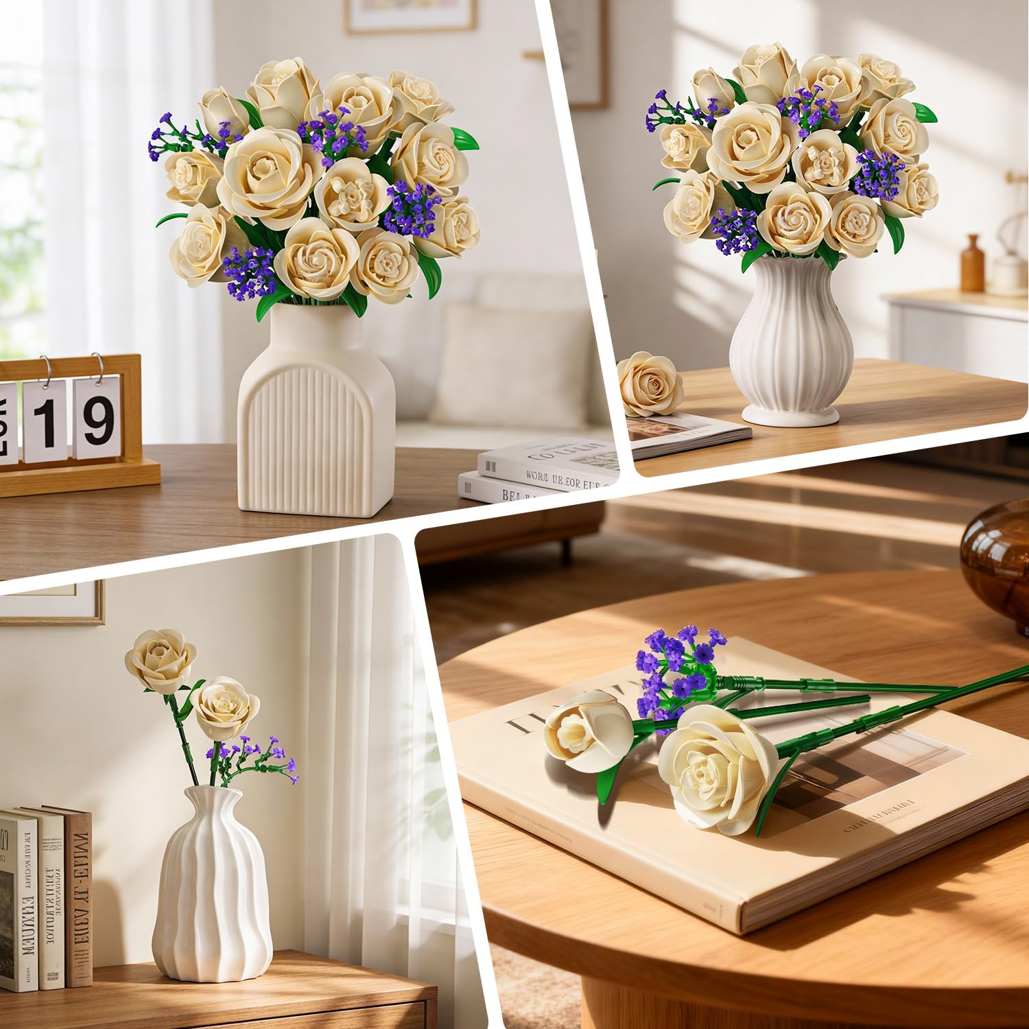 Collage of a white vase with beige flowers and purple accents on a wooden surface.