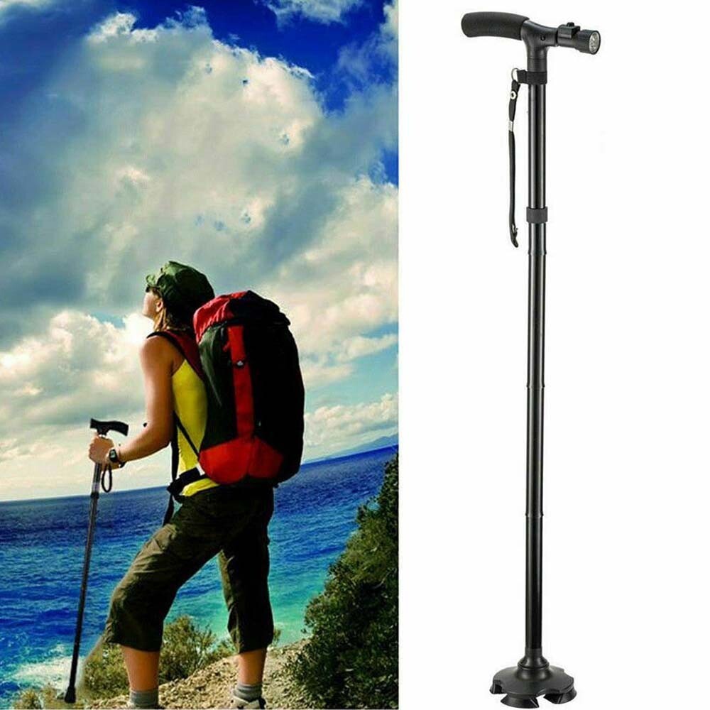 Folding LCD Walking Stick Cane With Flashlight For Senior Aluminium Travel Hiking Cane Trekking Pole Crutch Handle Strap 5 Gears