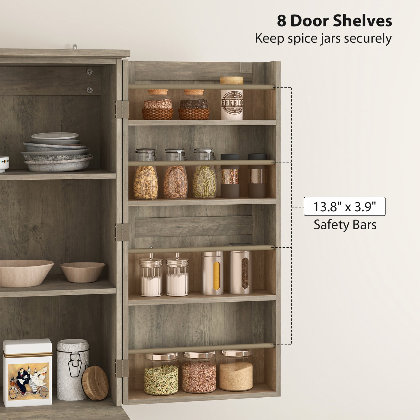 Farmhouse Kitchen Pantry, 72 Tall Pantry Cabinet With 4 Barn Doors, 4 Adjustable Shelves And 8 Door Shelves, Gray Wash