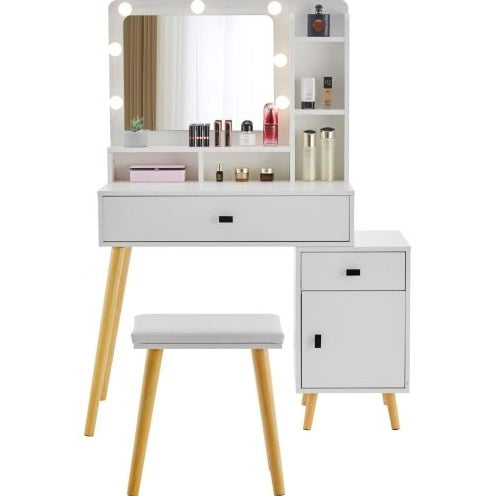 Dressing Table With Hollywood LED Mirror, Light Adjustable Brightness, Dressing Table, Padded Stool Set, White, Wooden Cosmetic Table With Drawer And Storage Cabinet