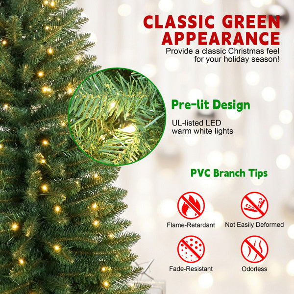 Artificial 6ft Green Pencil Christmas Tree With 358 PVC Branch Tips, 150L Warm White Led, Foldable Base For Indoor Holiday Decorating