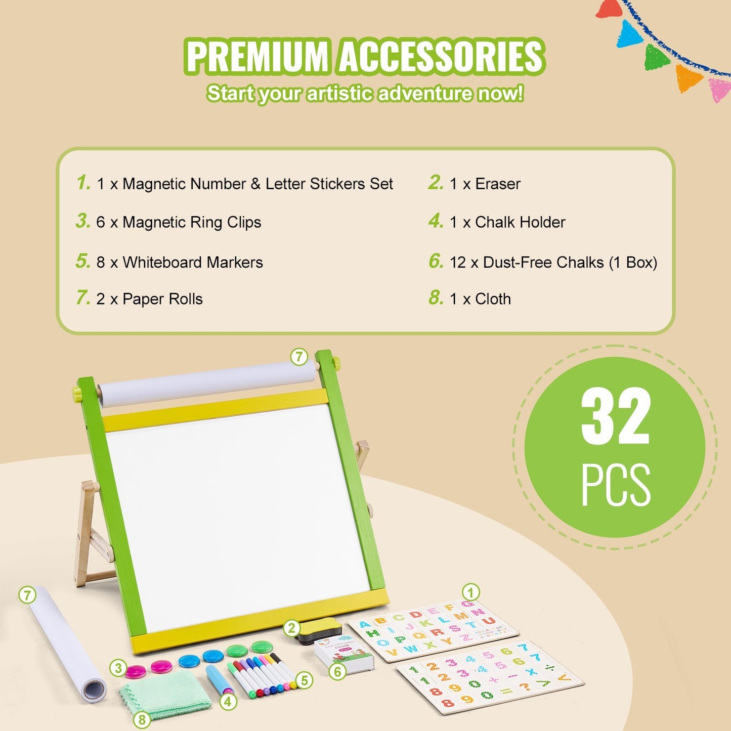 VEVOR 3-in-1 Tabletop Kids Art Easel Double-Sided Magnetic Whiteboard Chalkboard