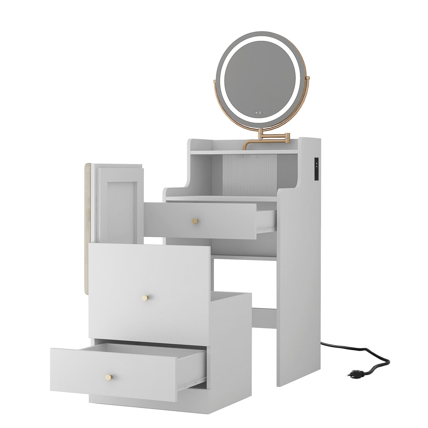 3 In 1 Vanity Desk With Mirror And Light ,Small Makeup Vanity Set With Charging Station, With 2 Drawers And Open Storage Space, With Upholstered Stool, Compact Dressing Table Writing Desk For Small Sp