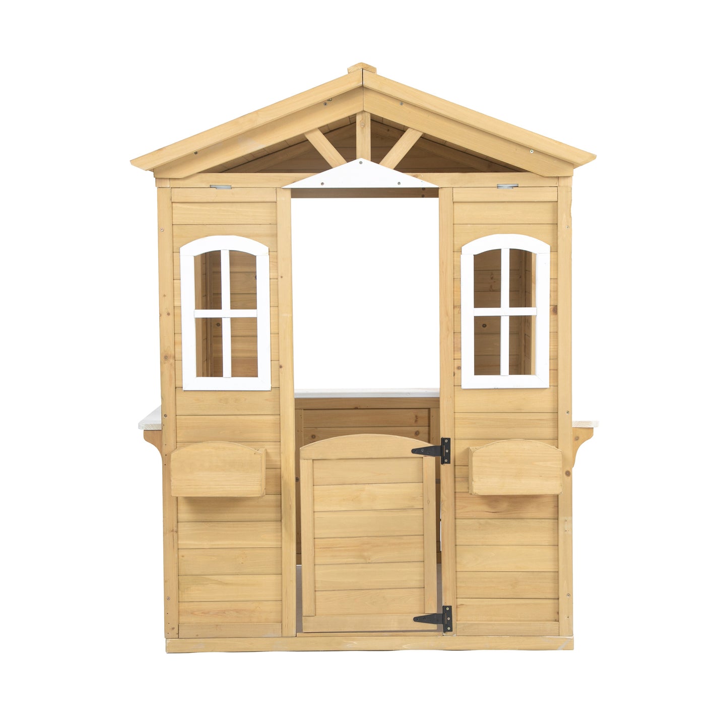 Wooden Outdoor Playhouse For Children With Work Doors, Windows, Mailbox, Flower Pot Stand