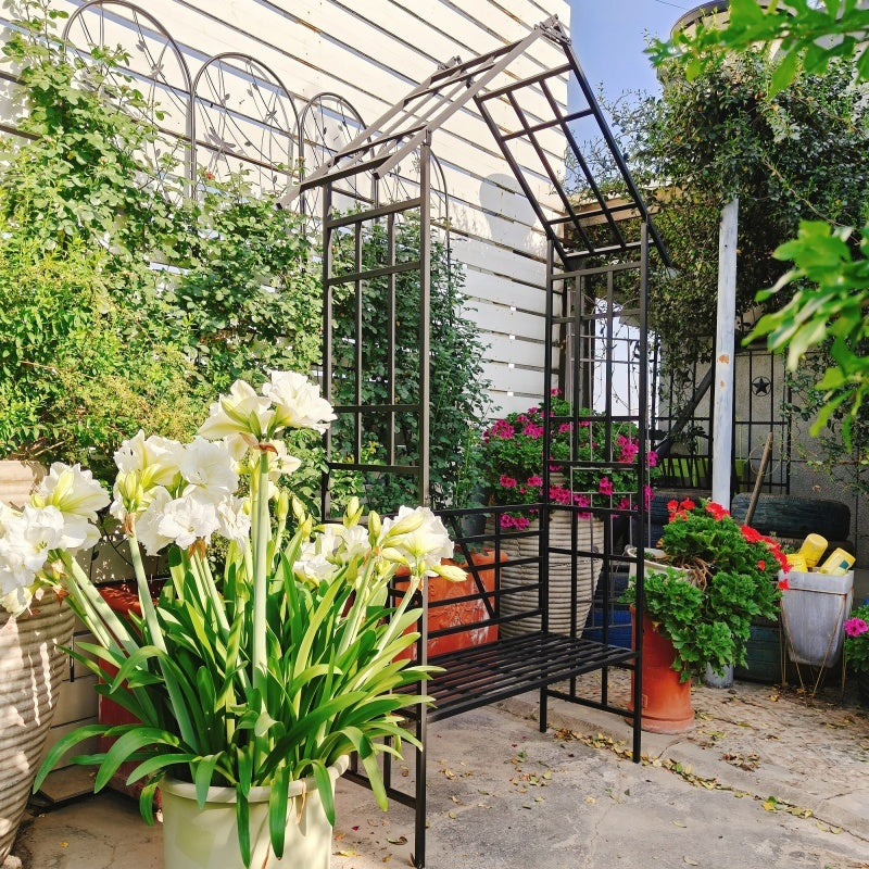 Metal Garden Arch, With Benches That Can Be Converted Into Flower Racks, Climbing Plants To Support Rose Arches, Outdoor Black