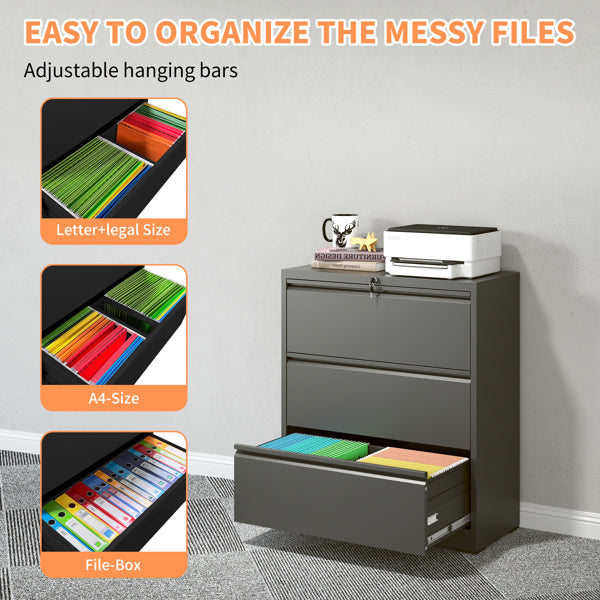 3 Drawer Lateral File Cabinet With Lock Heavy-Duty Metal Filing Cabinet For Home Office, Wide Storage For Letter Legal A4 F4, Silent Full-Extension Slides, Anti-Tilt Safety
