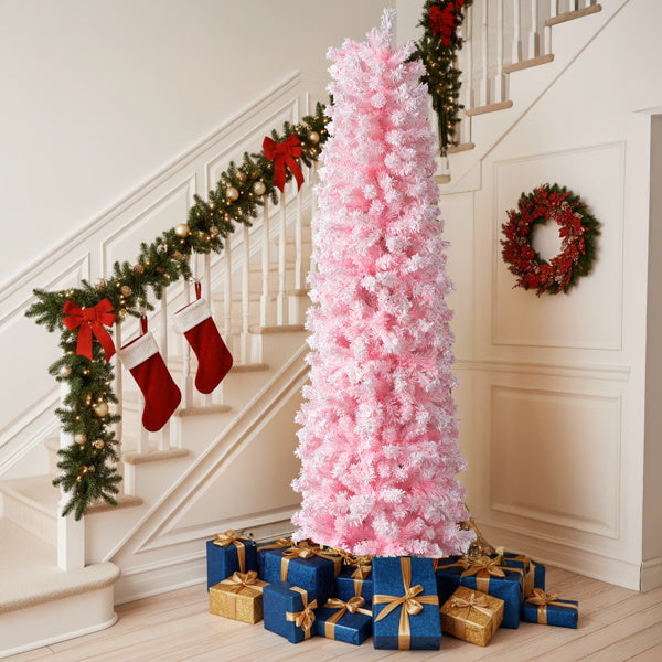 7.5 FT Snow Flocked Hinged Christmas Tree, Artificial Pencil Christmas Tree, Unlit Artificial Christmas Pine Tree With 641 Branch Tips And Sturdy Stand, Pink
