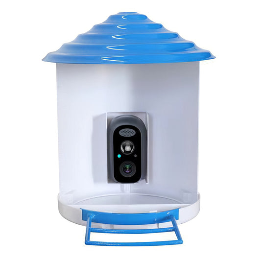 White and blue outdoor camera enclosure on a white background