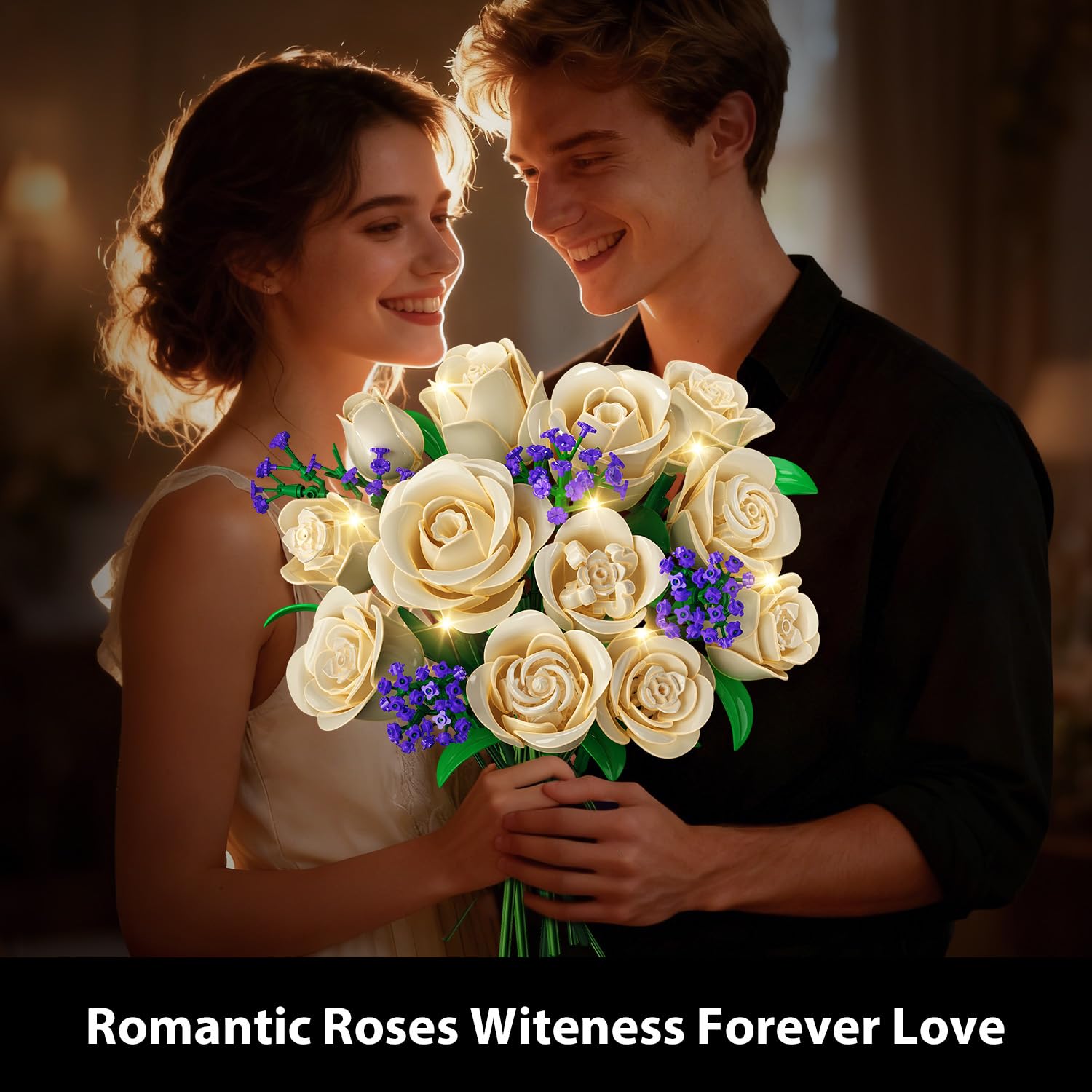 Couple holding a bouquet of white roses with a warm glow
