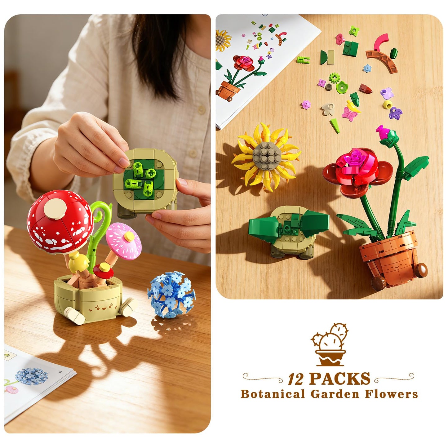 12 Pack Flowers Plants Mini Building Set - 1697PCS Flower Botanical 3.6MM Succulent Building Toy For Home Office Decor, Easter Birthday Party Favors Gift For Adults Girls Boys