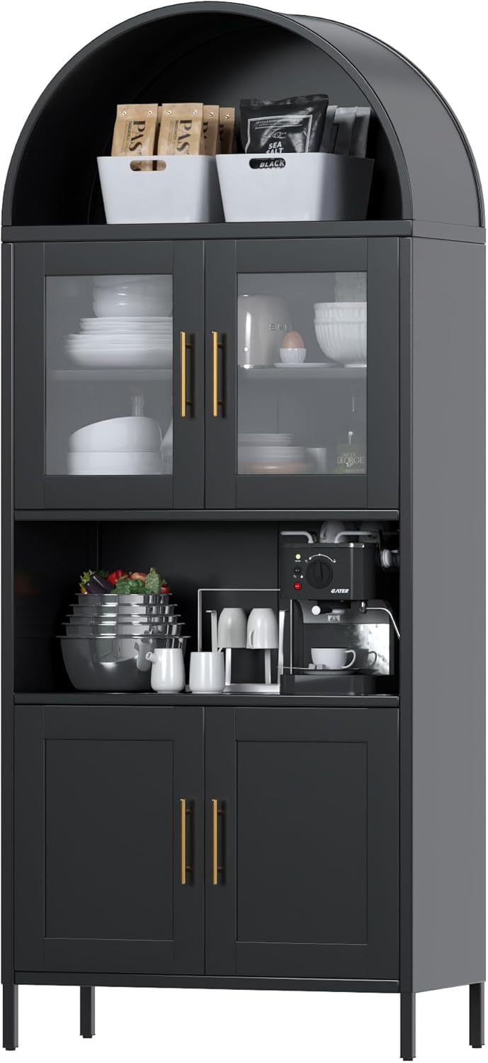 73 In Tall Metal Arched Cabinet, Kitchen Pantry Cabinet With Glass Door, Modern Farmhouse Arched Bookcase With 2 Adjustable Shelves For Living Room, Black, Assembly Required