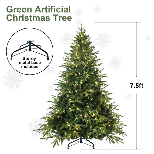 Artificial 7.5ft Green Christmas Tree With 3135 PE PVC Mixed Branch Tips, 650L Warm White Led, Steel Wire, Hinged Premium & Foldable Base For Indoor Holiday Decorating