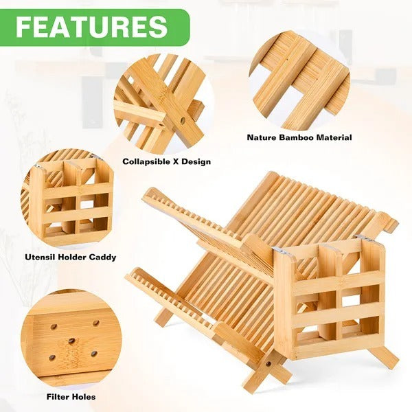 Collapsible 2-Tier Bamboo Dish Drying Rack Foldable Wooden Dish Drainer With Utensil Holder, Space-Saving Dish Rack For Kitchen Countertop