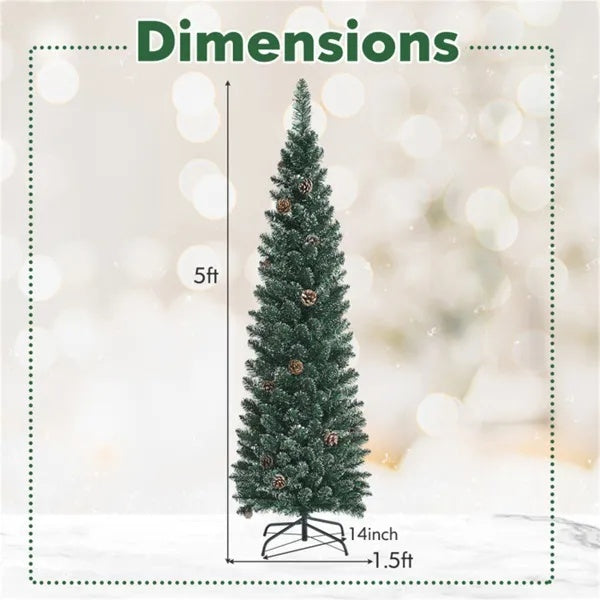 5FT Green Artificial Christmas Tree - 214 Lush Tips, 25 Realistic Pine Cones, Foldable Metal Stand