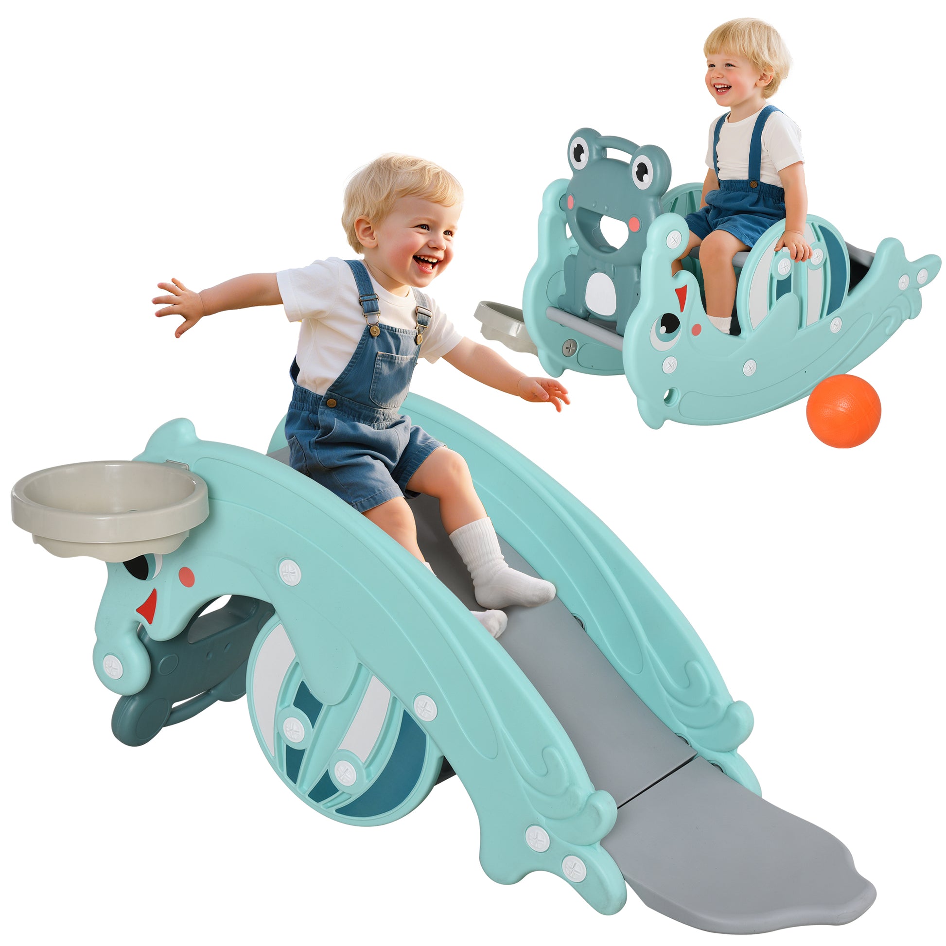 Children playing on a green slide with frog design, set against a white background.